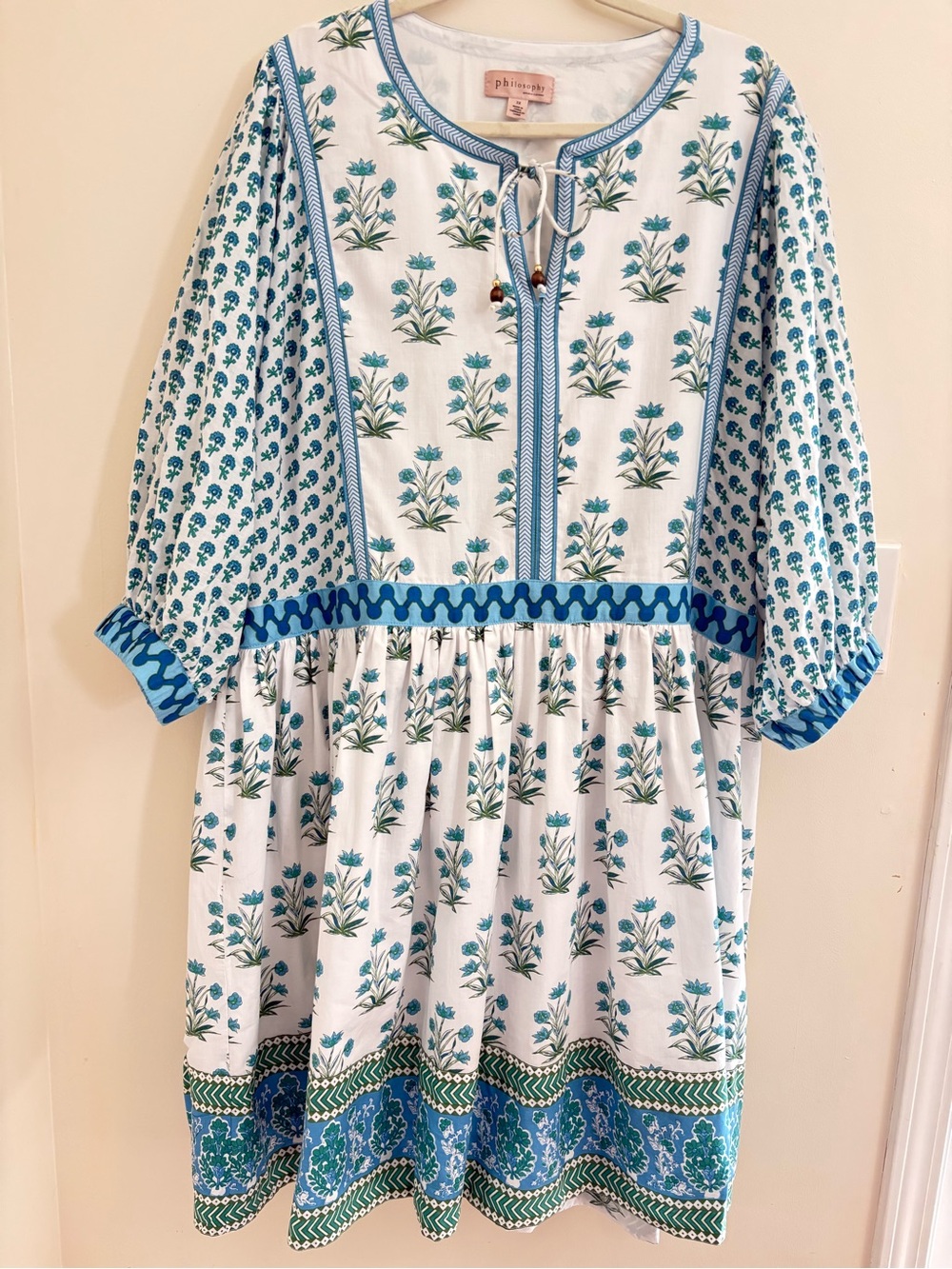Philosophy Republic 3X Cotton Block Print Boho Peasant Mini Dress Tassel artisan